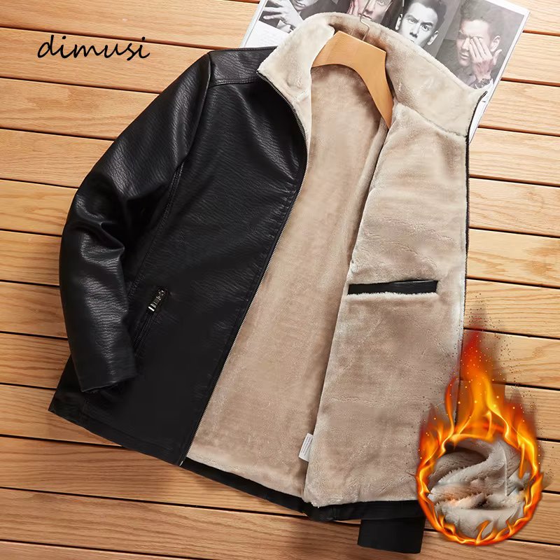 DIMUSI Winter Mens PU Leather Jacket Male Fleece Warm Motorcycle Leather Coats Casual Leather Biker Unifrom Jackets Men Clothing
