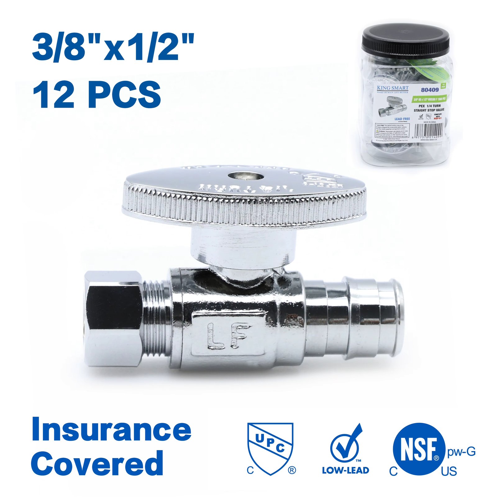 KING SMART F1960/Wisbo/PEX A Expansion PEX 1/2" * 3/8" Comp. OD 1/4 Turn Straight Stop Valve; 12Pcs/Case; 80409