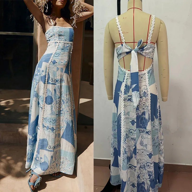 Linen Strapless Suspender Sexy Maxi Dress Women Lace Backless Large Hem  Fashion Printed Long Skirt 2024 New Holiday Vestidos
