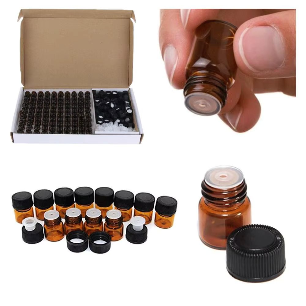 100Pcs 1ml 2ml 3ml Amber of Glass Essential Oil Bottle, Mini Essential Oil Bottles with Orifice Reducer & Black Plastic Cap
