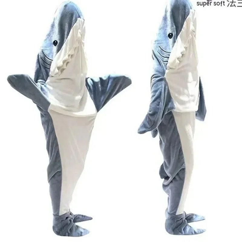 Thickened Warm Flannel Cartoon Shark Sleeping Bag Animal One-Piece Pajamas Men Women Homewear School Robe Plush Thick Sleepwear