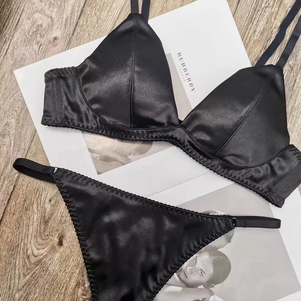 Triangle Cup Thin Lined Smooth Satin Bra and Tongs Sets Underwear Leopard Wireless Seamless Sexy Lingerie Women Intimates