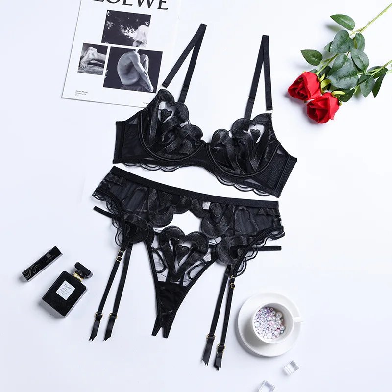 Ellolace Sexy Lingerie Luxury Lace Embroidery Fancy Underwear 3-Pieces Pushup Sex Bra And Briefs Set  Transparent Erotic Thongs