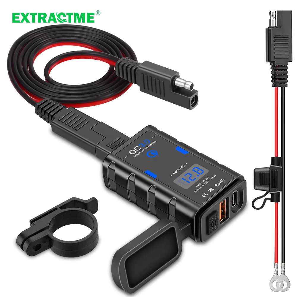 Extractme Motorcycle USB Charger Waterproof QC3.0 USB + Type C 6.4A Charger With Cord Voltmeter Moto Power Supply Socket Adapter