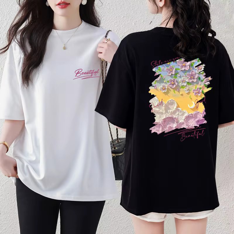 Women Big size cotton 100% overfit half-sleeved long tee self-made TS2557