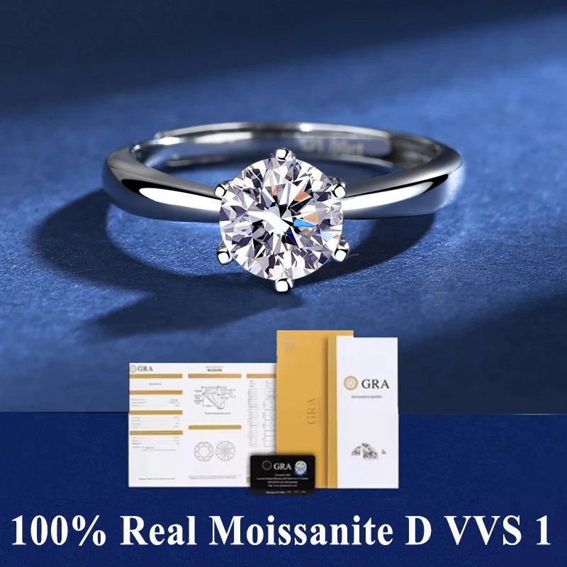 Classic 6 Prong Diamond Ring D Color Moissanite VVS1 Round Cut Lab Diamond Ring for Women Engagement Wedding Band Jewelry