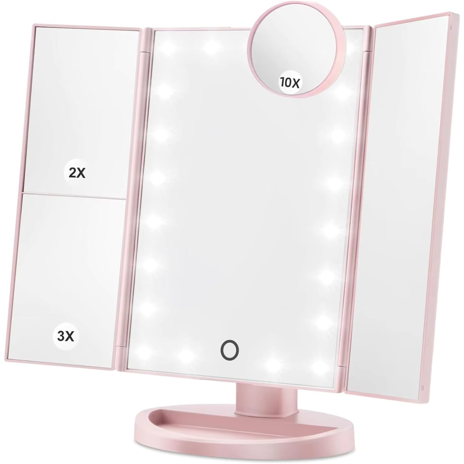 Makeup Vanity Mirror with LED Lights, 3 Level Magnification, Touch Control, Portable Folding Design, Battery & USB Powered (Rose