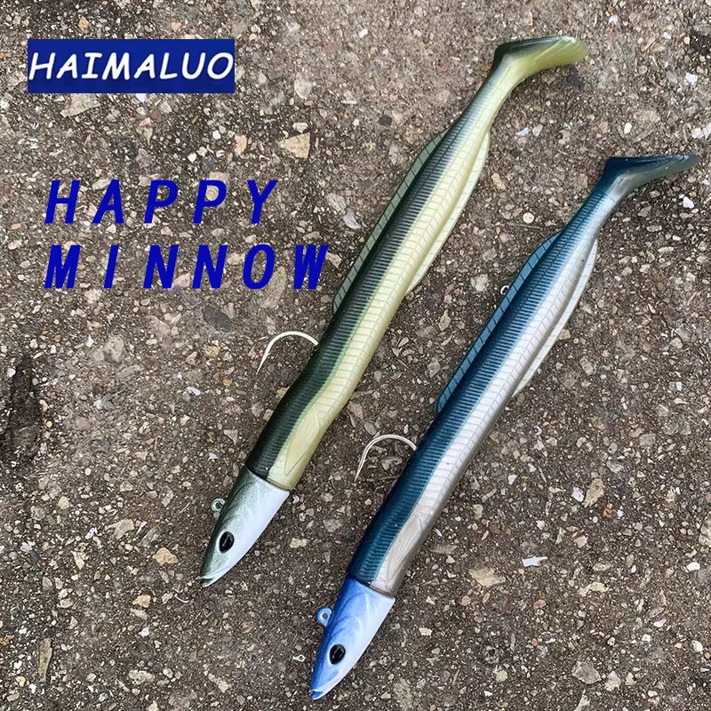 HAIMALUO Happy Soft Fishing Lure Minnow Jig Head Hook Artificial Saltwater Sea Bass Fishing Bait Swimbait Tackle Soft Bait