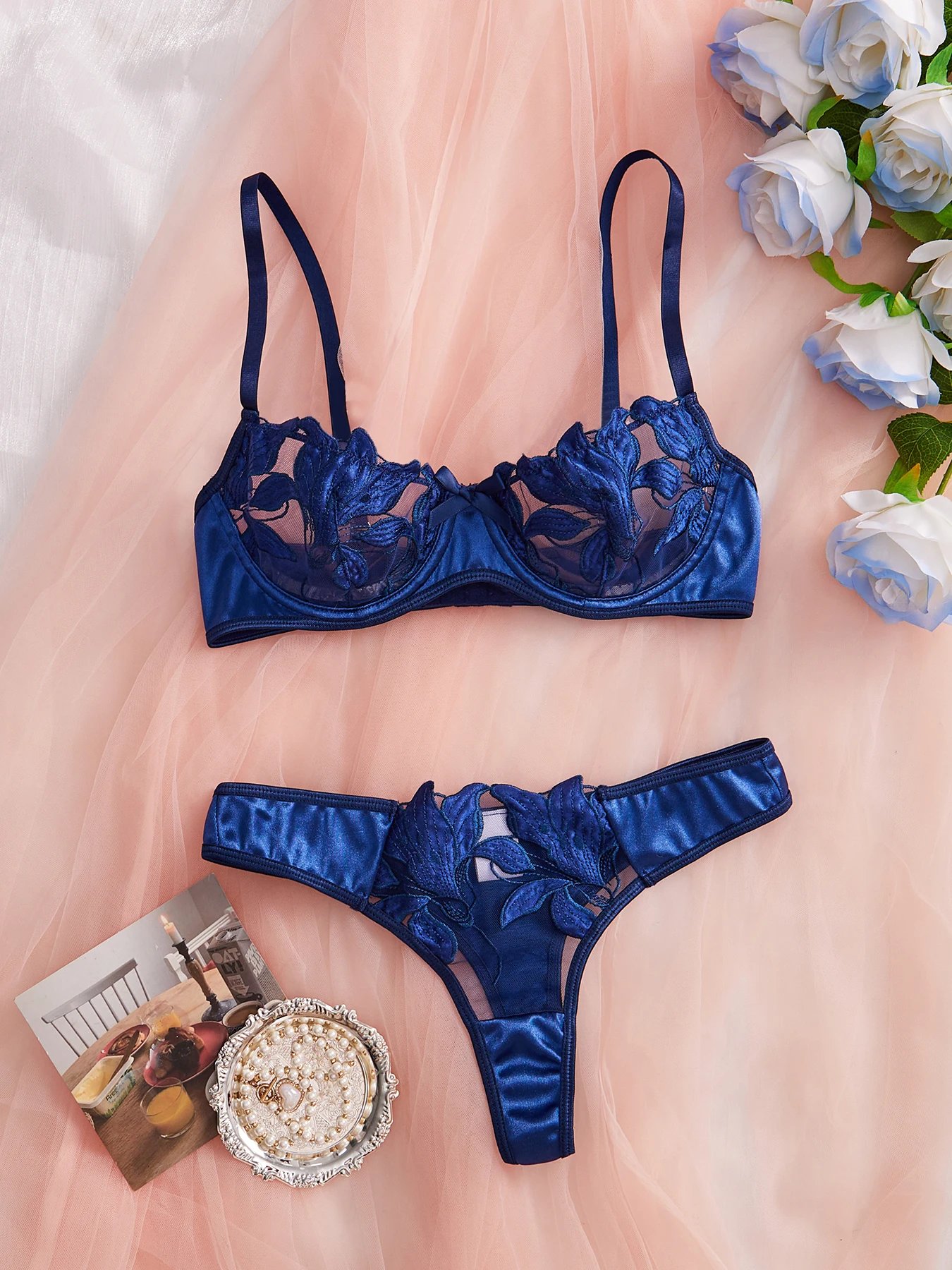 Women Blue Floral Underwear Sexy Two Piece Bras Panty Brief Babydoll Strap Underwear Sets