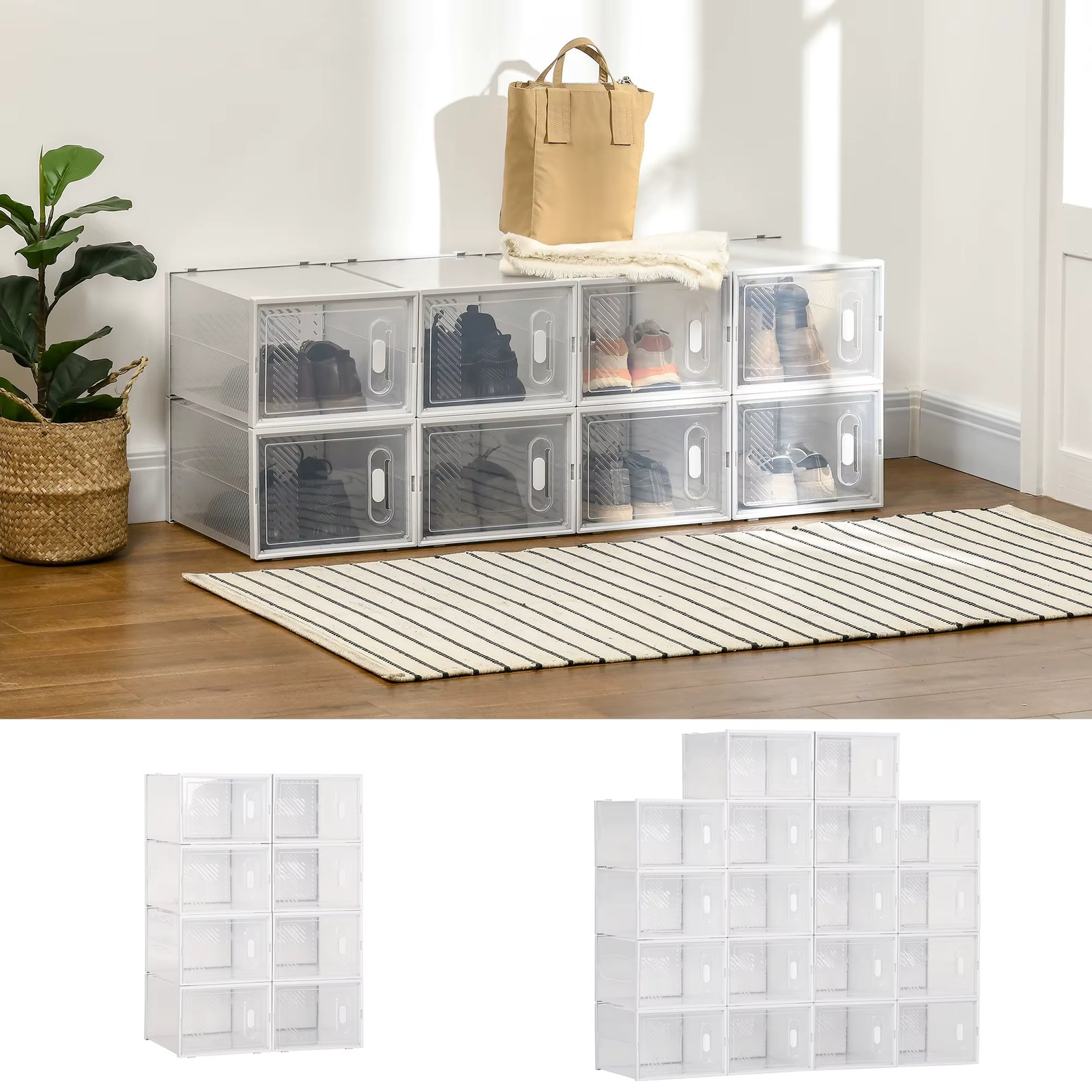HOMCOM Plastic Modular Cabinet 45 Size Shoe Boxes with 18 Cubes Magnetic Doors Muble Entrance Organizer for Aisle Bedroom 28x36x21 cm Transparent