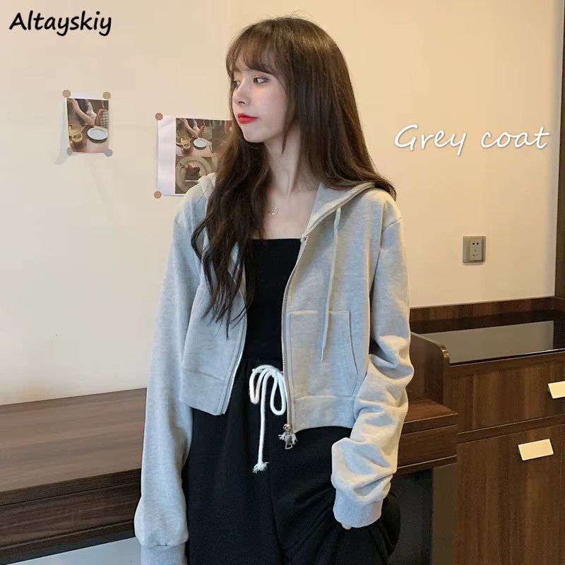 With Hat Hoodies Chic Autumn Trendy Korean Solid Zip-up Ladies Cropped Hoodie All-match Loose Popular Womens Sweatshirts Stylish