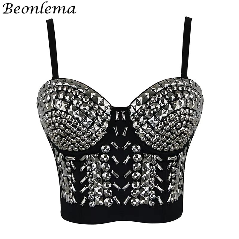 BEONLEMA Steampunk Corset Sexy Gold Silver Spike Bra Punk Goth Lenceria Shiny Bra Top 4 Rows Hooks Eyes for Women Club Wear