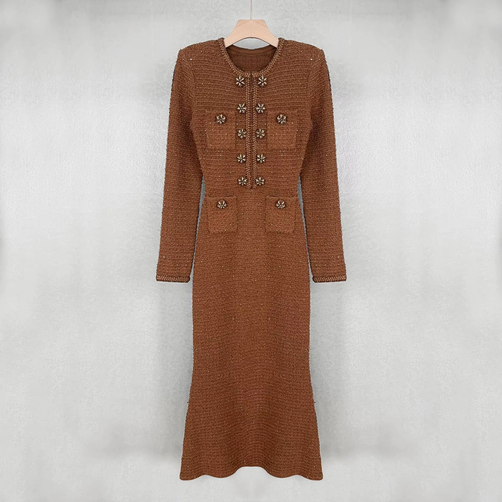 Quality Autumn Winter Diamonds Knitting Sweater Dress Women Long Sleeve Beaded Sheath Pencil Prom Dresses Female Knitwear