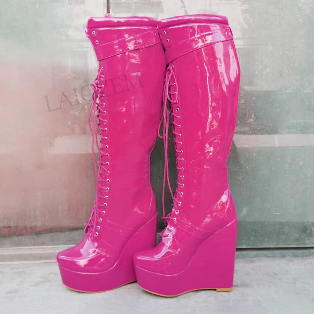 DOBANER Women Knee High Boots Platform Wedges Wide Claf Friendly Shiny Ladies Donne Stivali Shoes Woman Plus Size 42 43 45 48 52