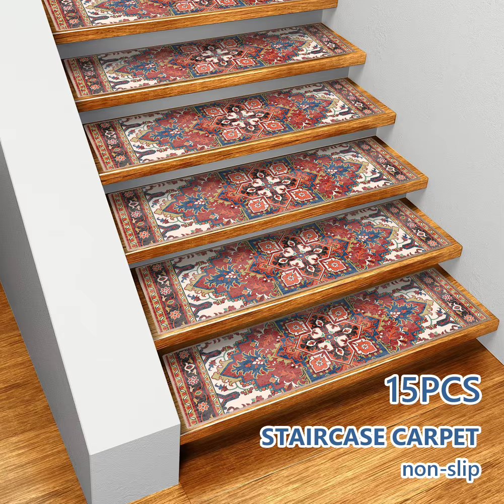 15PCS 76x21cm Home Indoor Soft Self-adhesive Stair Stepping Mat Bohemian Non-slip Stair Carpet Protector Rug for Pet Kids Elder