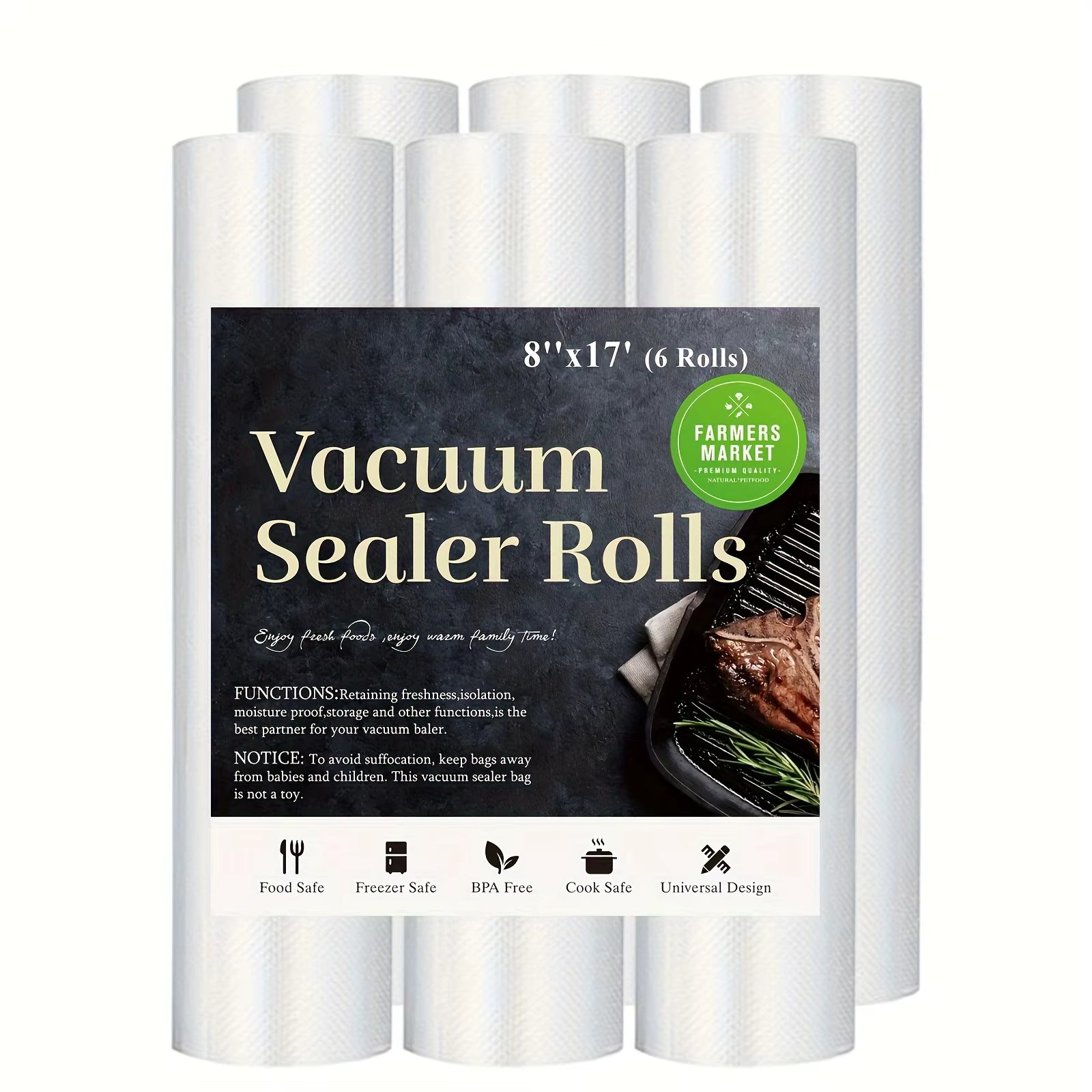 6pcs BPA free vacuum sealed bag roll, vacuum sealing machine storage bag, very suitable for vacuum low-temperature cooking