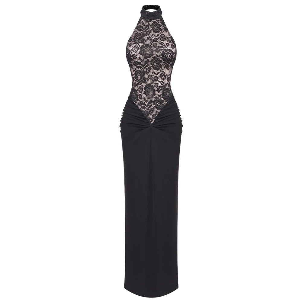 VC Sexy Black Halter Lace See Through Long Dress Backless Floor Length Tunic Elegant Cocktail Party Evening Gowns