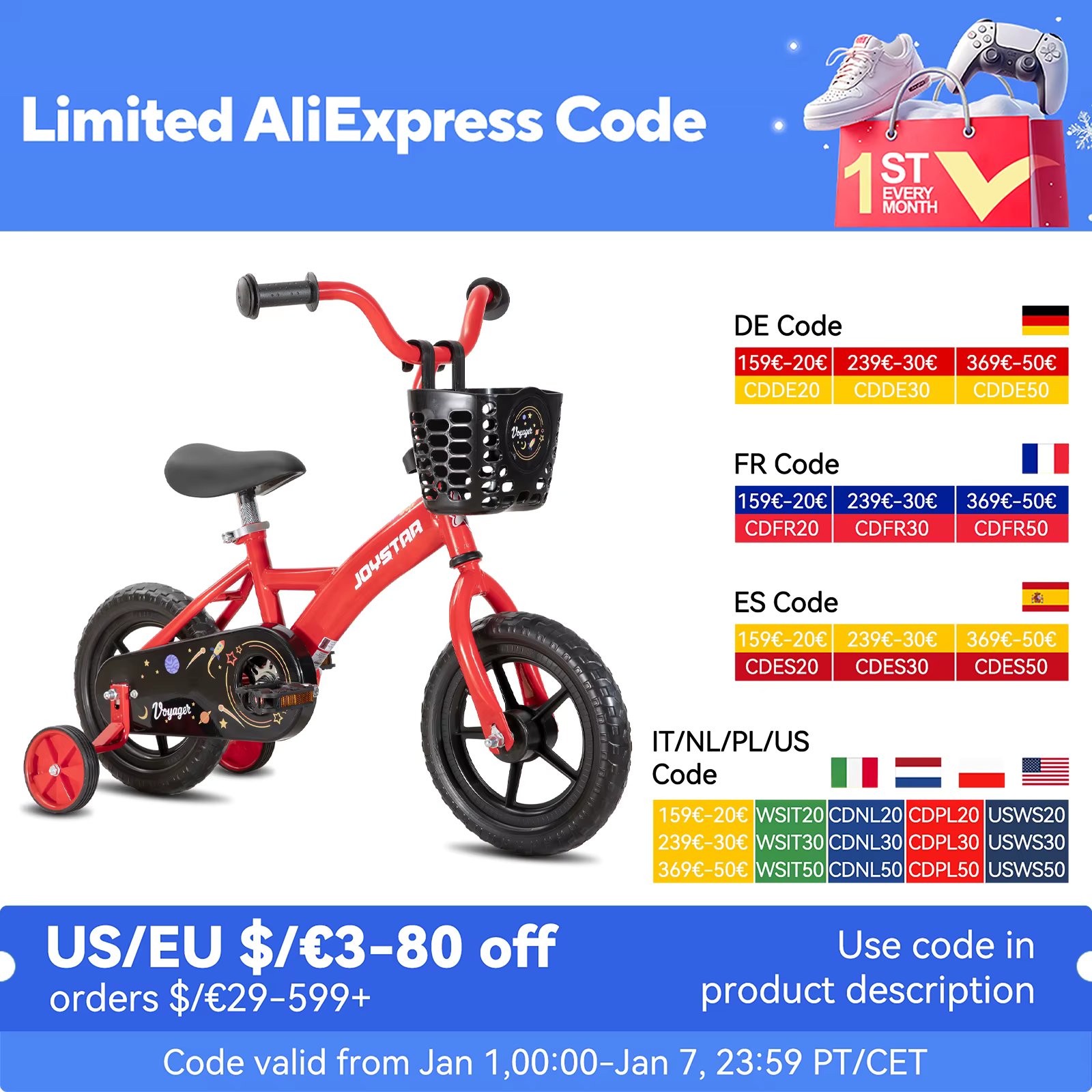 JOYSTAR Kids Bike for Boys and Girls Ages 1-4 Years, Toddler Bike with Training Wheels & Basket, Detachable Parent Push Handle