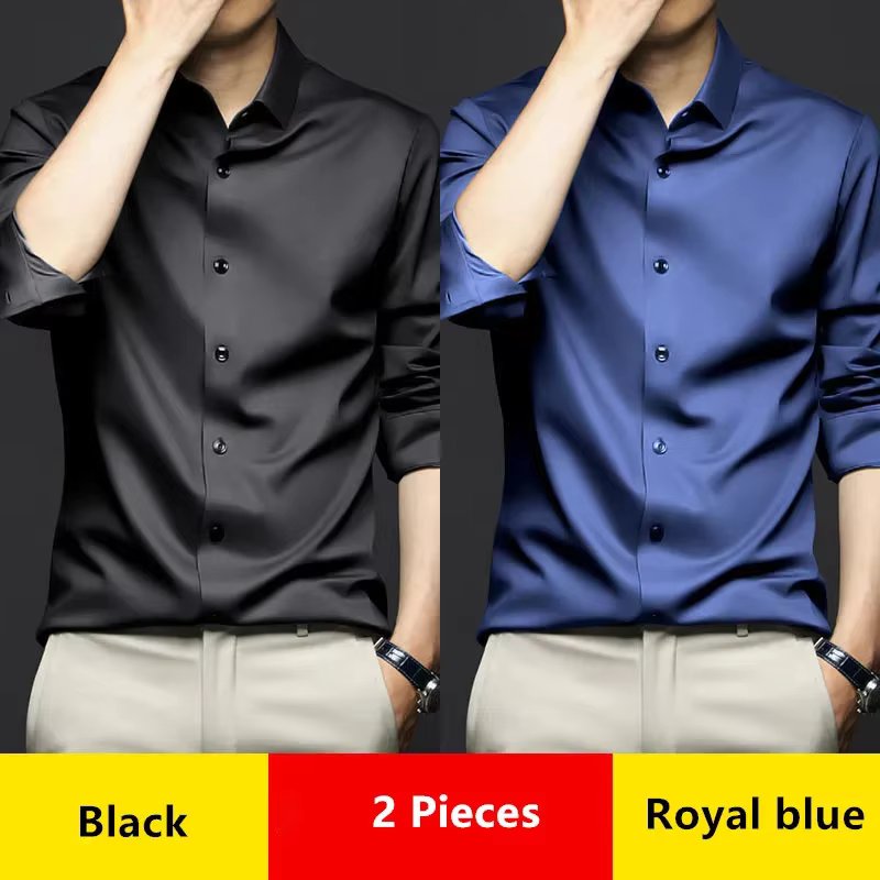 Luxury Men's Social Dress Shirts Spring Autumn Smooth Soft Wrinkle-resistant Non-iron Solid Color Casual Ice Silk Stain Wedding