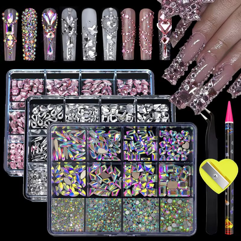 Glass Crystal Nail Art AB Gem Rhinestones 12Grids Mixed shapes Heart Flat Bottom Crystal 3D Jewelry Charms Diamond Nails Supplie