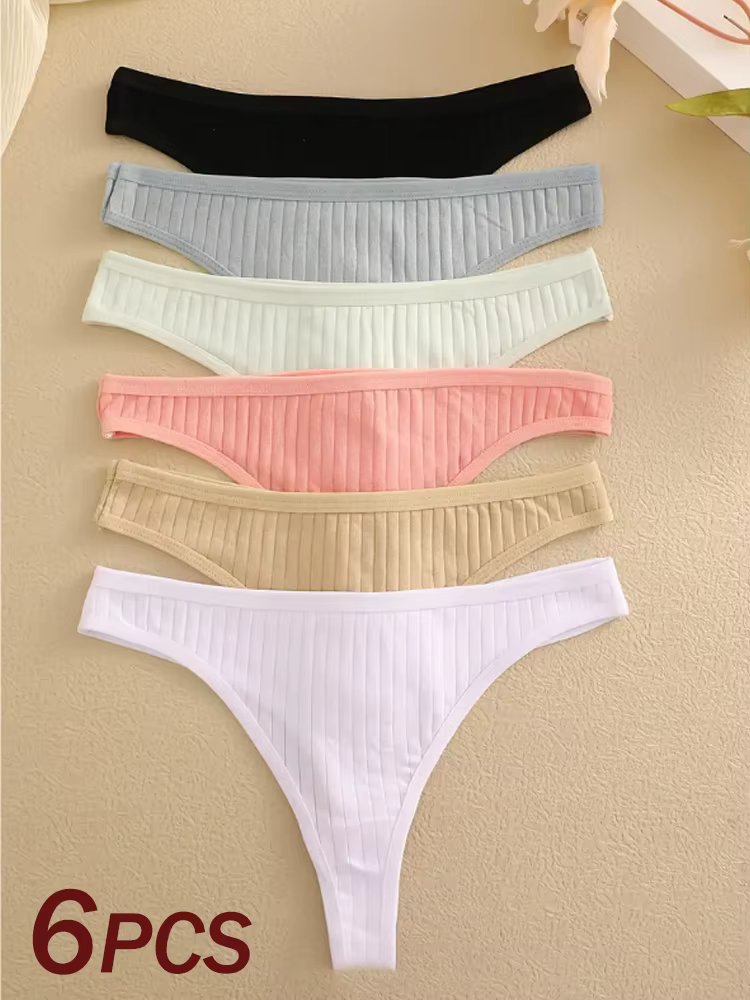 6Pcs/Set Women Cotton G-String Ribbed Panties Female Low Rise Thongs Ladies Sexy Bikini 7 Solid Color Girl Soft S-XL Intimates