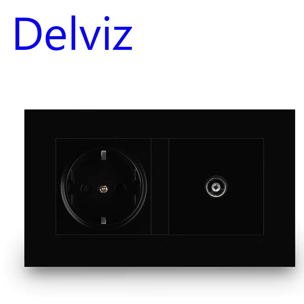 Delviz EU Standard TV Socket / Outlet, Home Television cable jack, 146mm*86mm White Panel, 2 Gangs Wall TV and 16A Power Socket