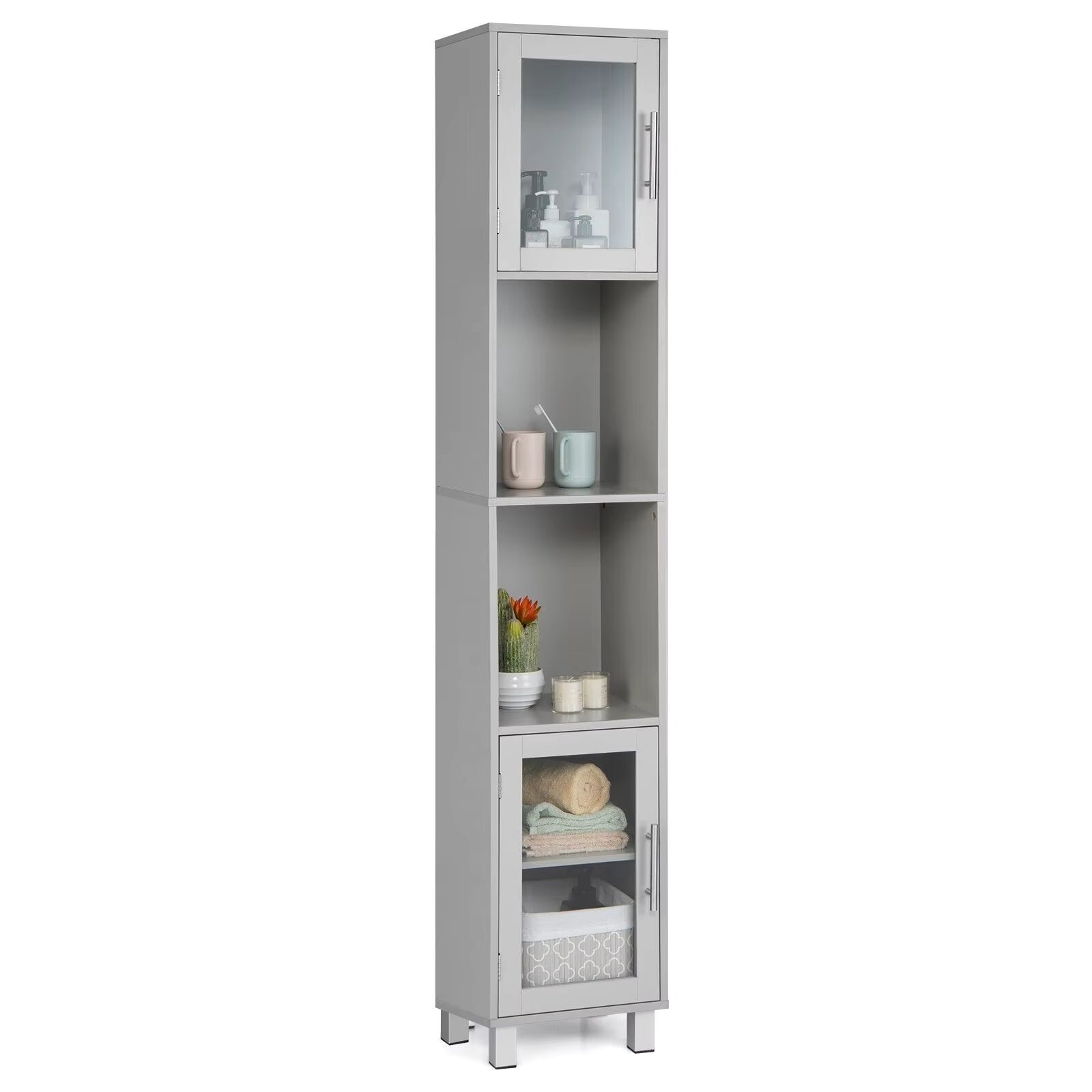 ERGOMASTER Bathroom Tall Cabinet Slim Freestanding Storage Organizer Cupboard 2 Glass Doors