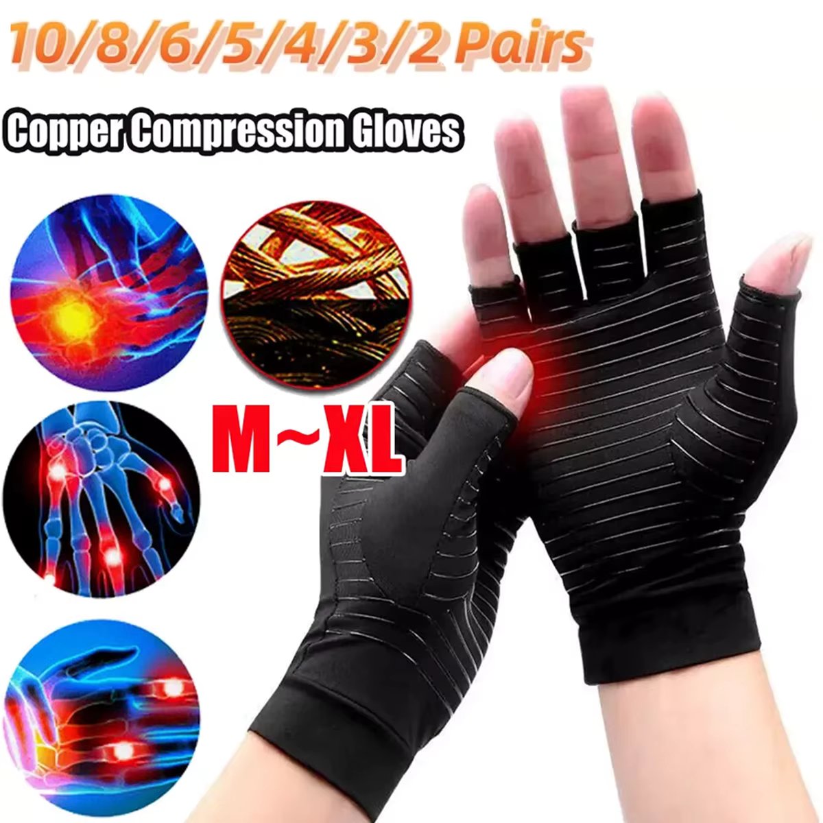 2-10Pairs Compression Gloves Hand Copper Arthritis Gloves Joint Pain Relief Half Finger Anti-slip Therapy Gloves For Women & Men