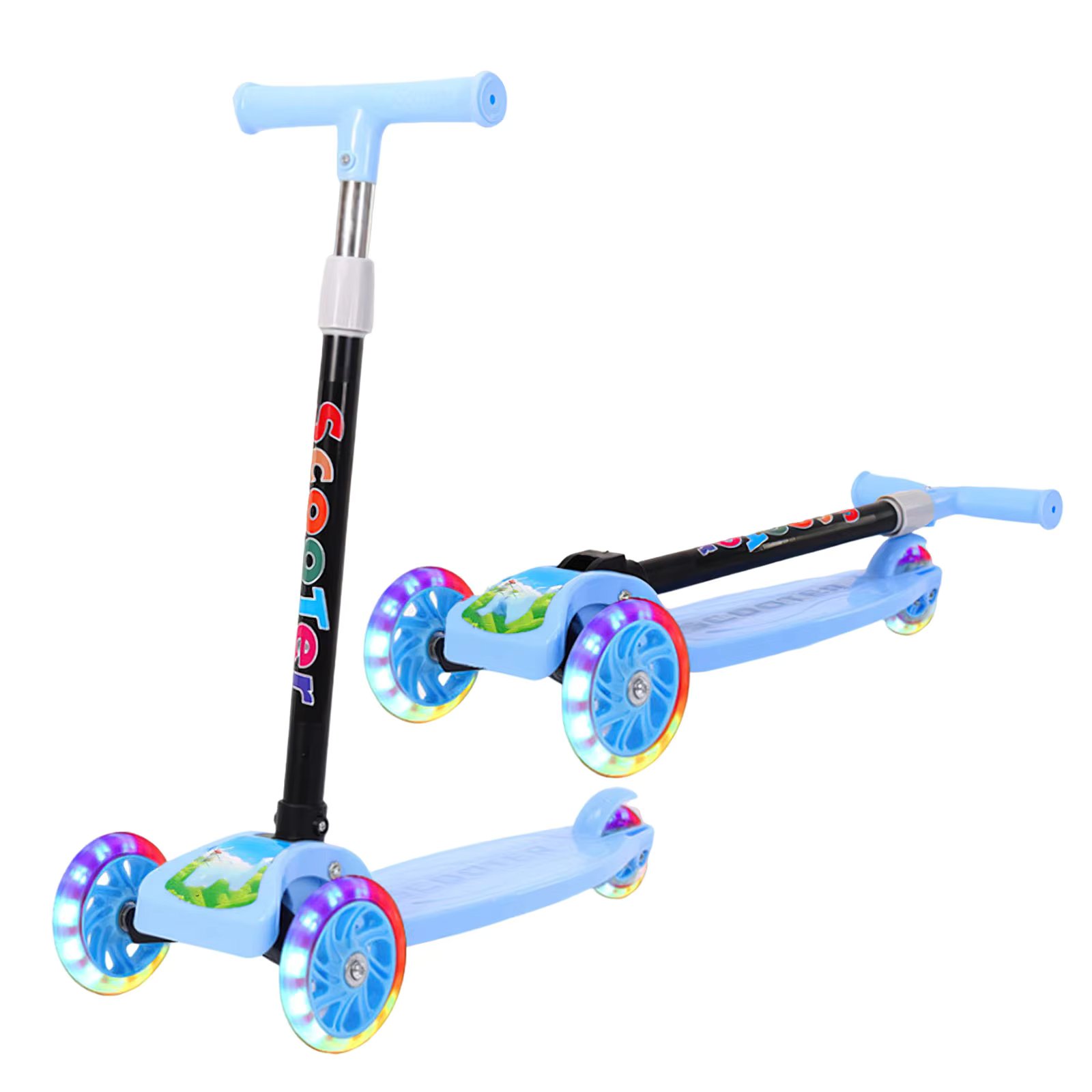 Folk children's one-pedal three-wheel boost scooter with wheel glitter and folding Kickboard for Kids Ages 2-8 Foot scooter