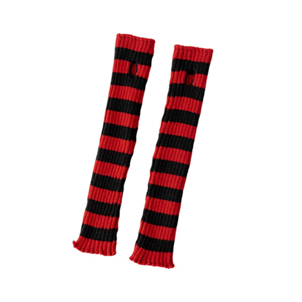 Knitted Gloves Unisex Arm Warmer Red-black Striped Arm Warmers with Thumbhole Design for Women Unisex Elbow Length for Warmth