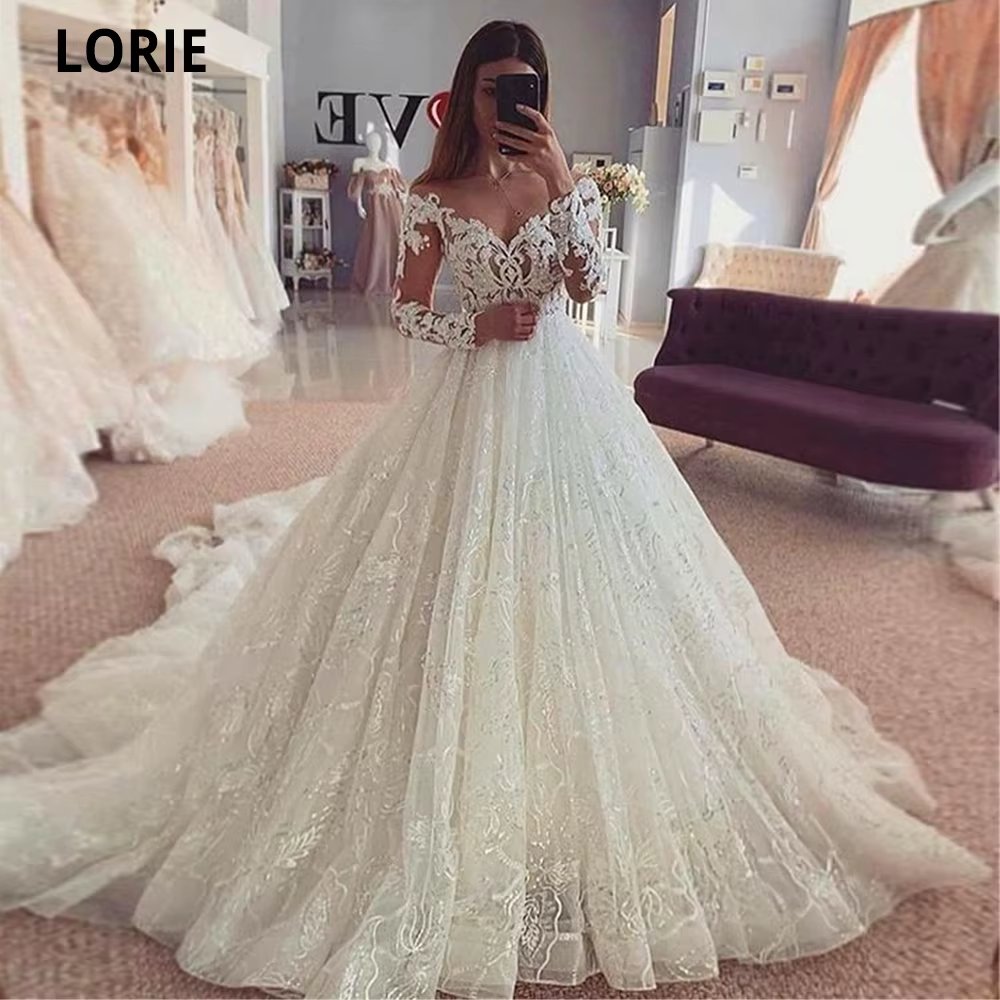LORIE Full Lace Ball Gown Wedding Dresses With Long Train Elegant Bridal Gowns Illusion Long Sleeve Gorgeous Princess Dresses