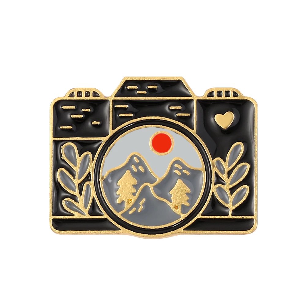Creative Cartoon Camera Brooch Retro Landscape Metal Badges Black Gold Funny Mountain Photography Pins Jewelry Accessories
