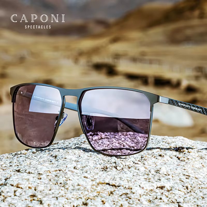 CAPONI Carbon Fiber Men's Sunglasses Polarized Photochromic Driving Male Sun Glasses UV400 Original Brand Design Shades BS28964