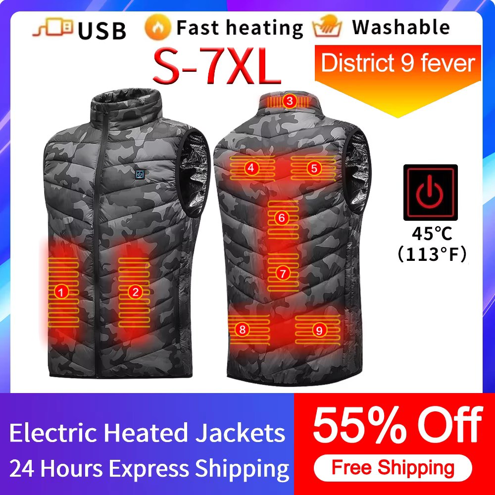 9 Heated Vest Zones Electric Heated Jackets Men Women Sportswear Heated Coat Windproof Heat Coat USB Heating Jacket For Camping