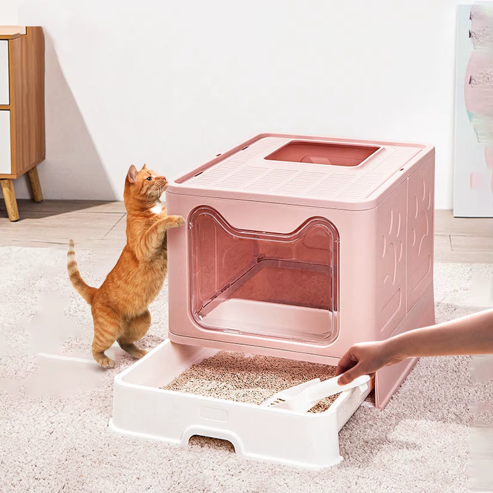 Large Enclosed Cat Litter Box Self-Cleaning No Smell Pet Kitty Toilet Box with Scoop & Tray Foldable