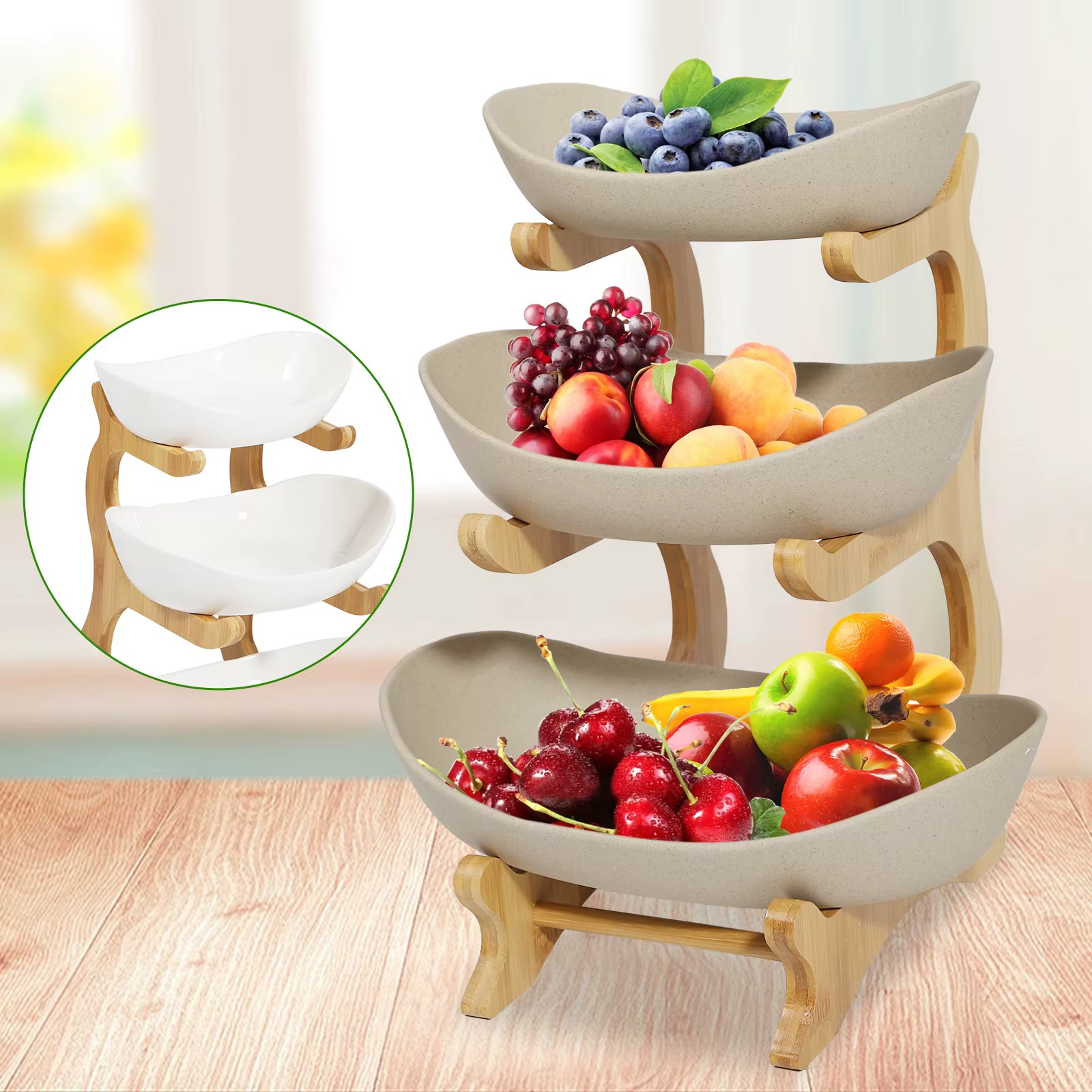 Multi-Layer 3 Layer Fruit Plate Ceramic Vegetables Storage Bamboo Wooden Frame Basket Bowl Plate
