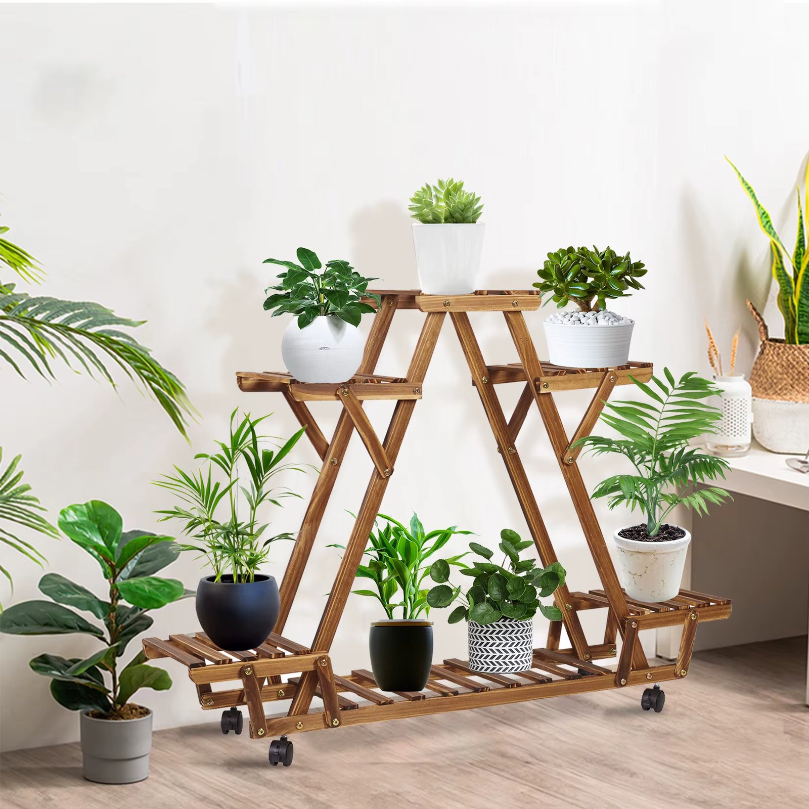 Triangular Plant Shelf 6 Potted Wood Plant Holder Flower Pot Stand Display Storage Rack with Wheels