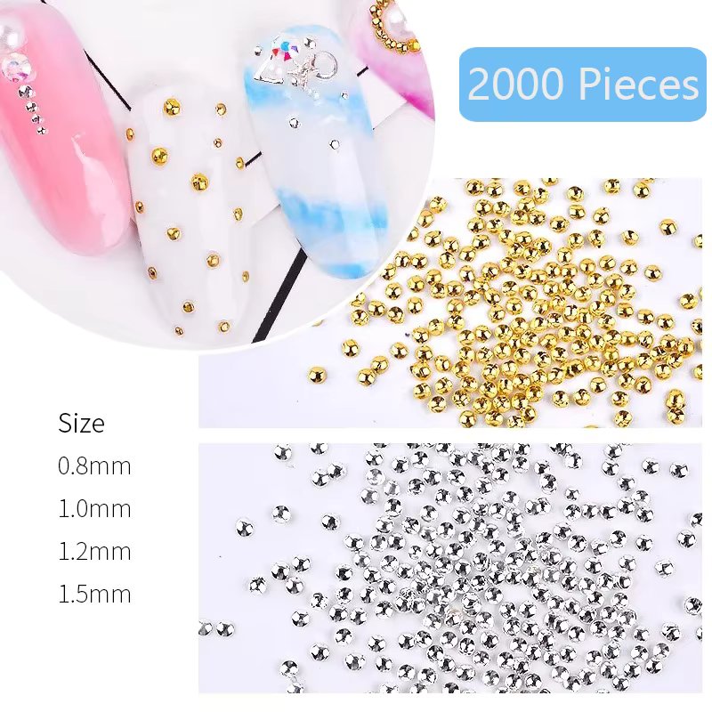 2 Packs Approx 2000pcs Gold Silver Mini Caviar Beads 0.8mm/1mm/1.2mm/1.5mm Half Round Metal Nail Studs Nail Art Decorations
