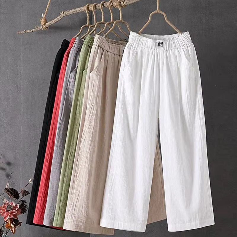Lucyever Summer Elastic Waist Women's Pants Casual Solid Cotton Linen Ankle Length Pants Female 2023 High Quality Loose Trousers