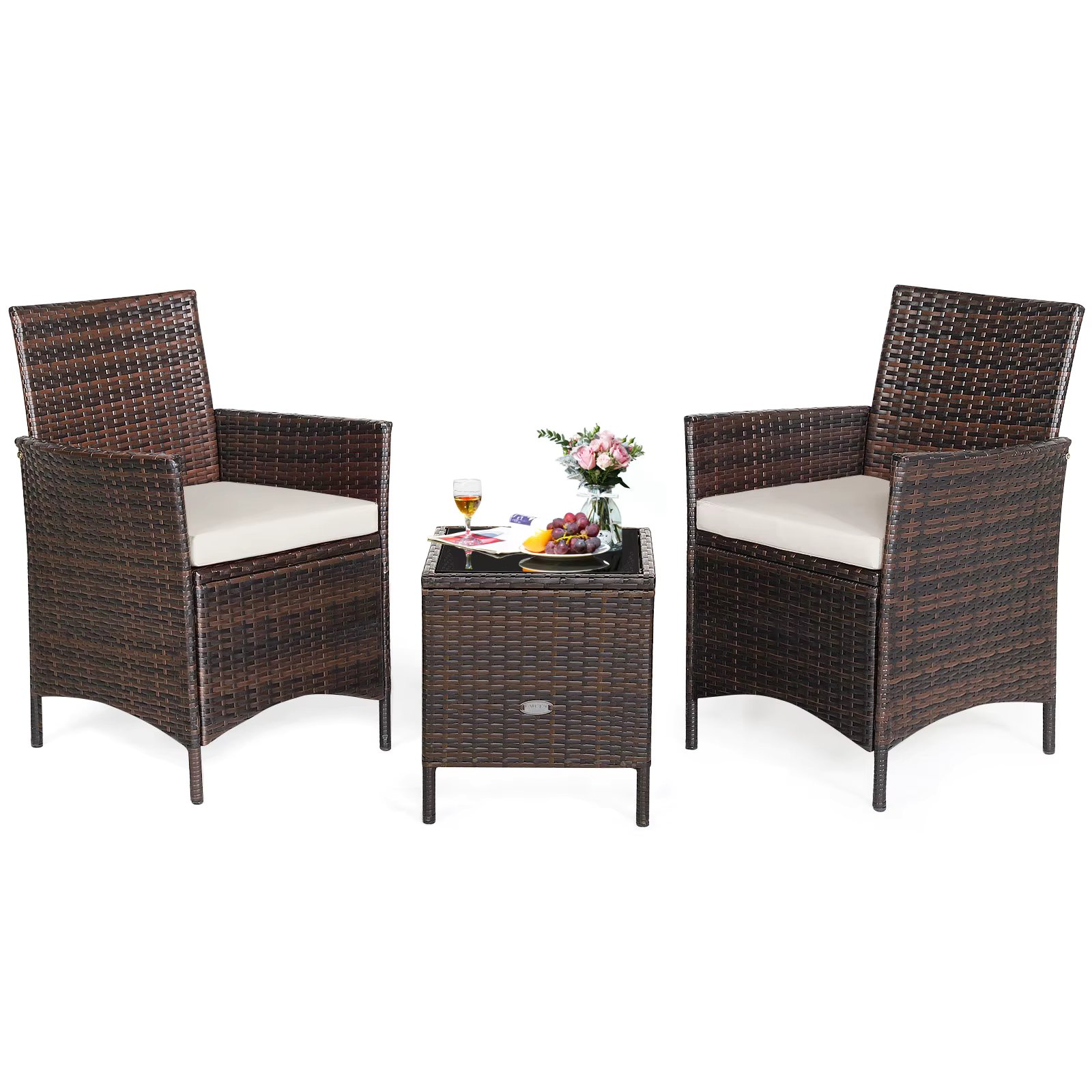 Patiojoy 3PCS Patio Rattan Furniture Set Cushioned Sofa Glass Tabletop White  HW67050WHA