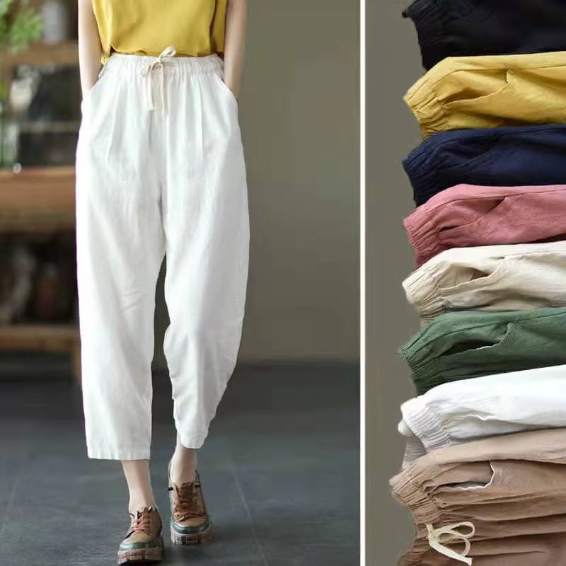 Lucyever 2023 Spring Summer Cotton Linen Pants Women Solid Color Casual Ankle-length Pant Woman Lace-up Waist Loose Trousers