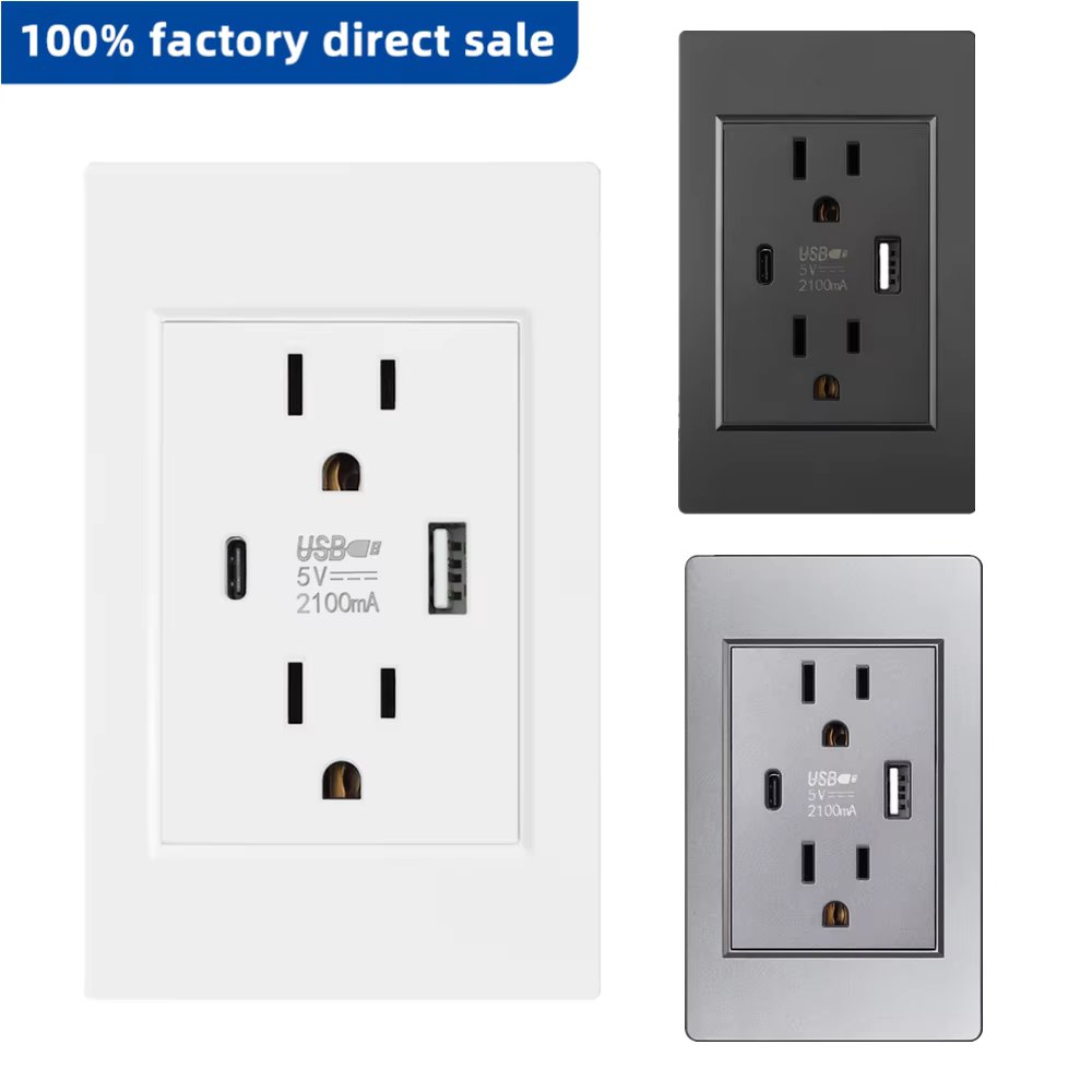 US Standard Wall Socket with USB Type-C Charging Port 5V 2.1A, 118*72mm PC Panel