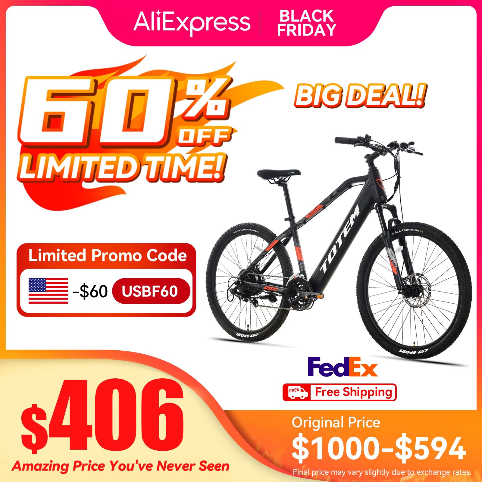 Totem Volcano 2.0 Electric Mountain Bike for Adults - 500W Motor (Peak 1000W), 48V 11.6Ah Battery, 27.5" Tires, High-Power EBike