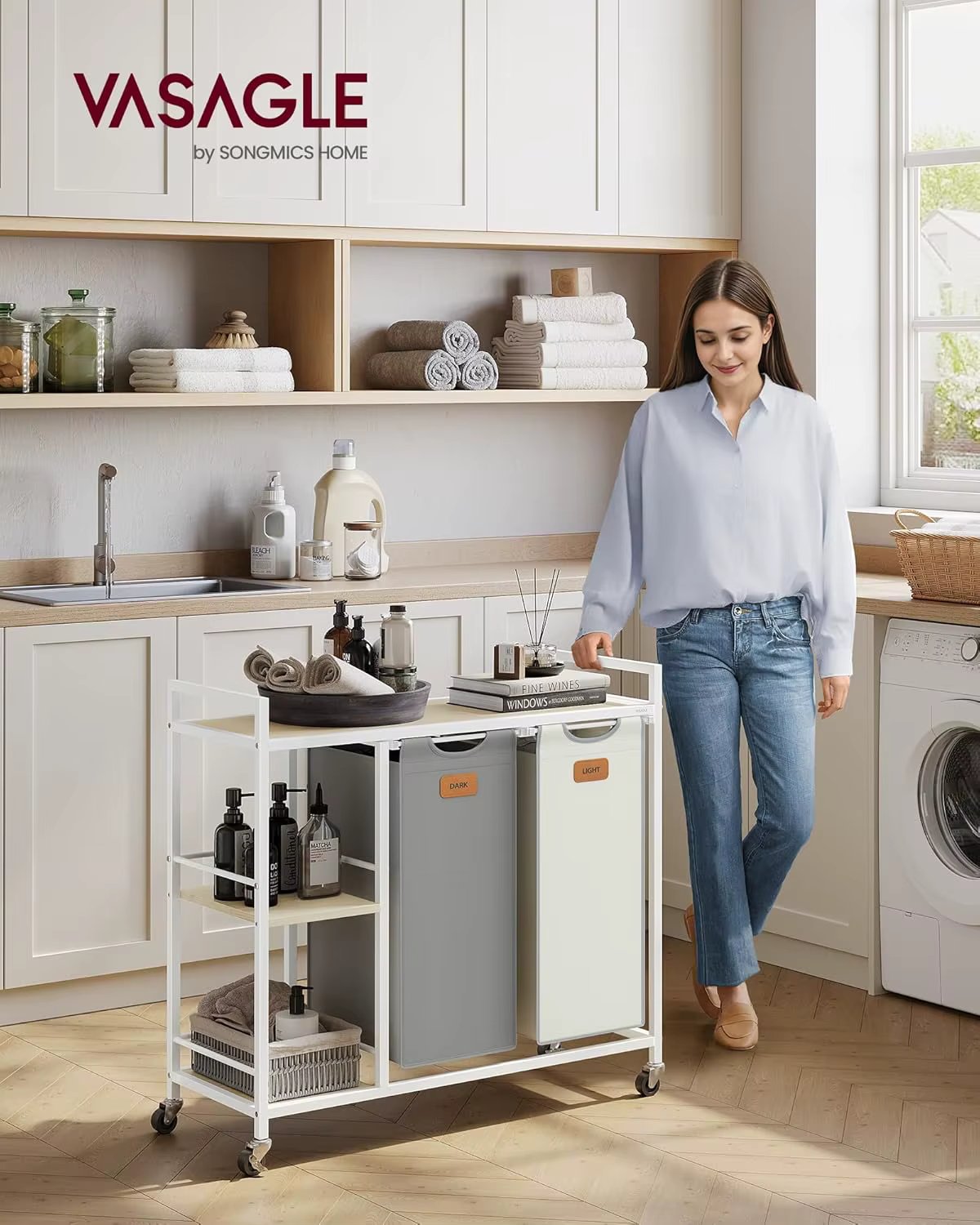 VASAGLE Laundry Hamper with 2 Compartments, 100 L Laundry Sorter, Rolling Laundry Cart with Shelves, Removable Liners