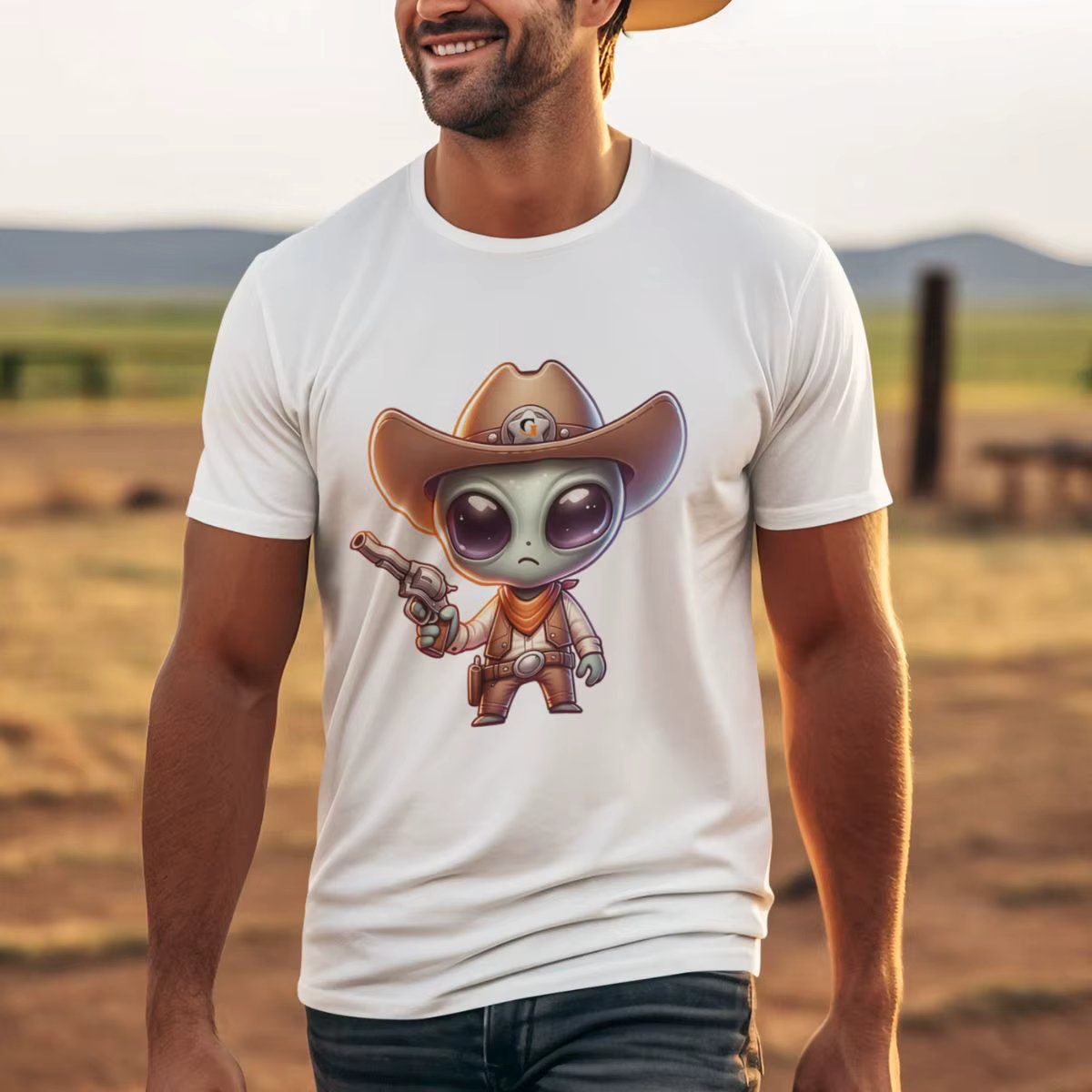 Men's Basic T-Shirt GuGi Alien Cowboy Western Country Western Shirt 100% Cotton Premium CM01-506