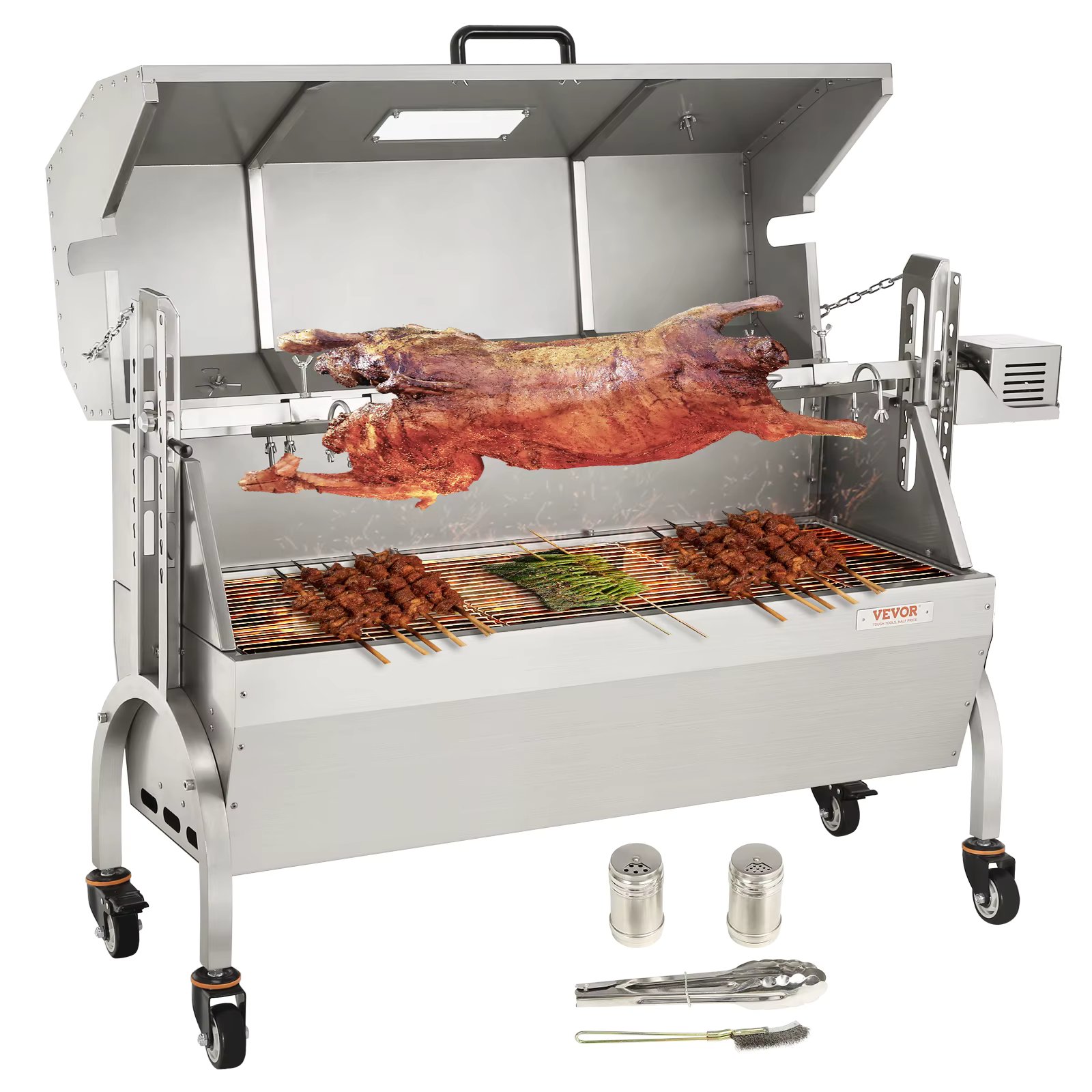 VEVOR Stainless Steel Rotisserie Grill / with Hooded Cover / with Windscreen, BBQ Whole Pig Lamb Goat Charcoal Spit Grill