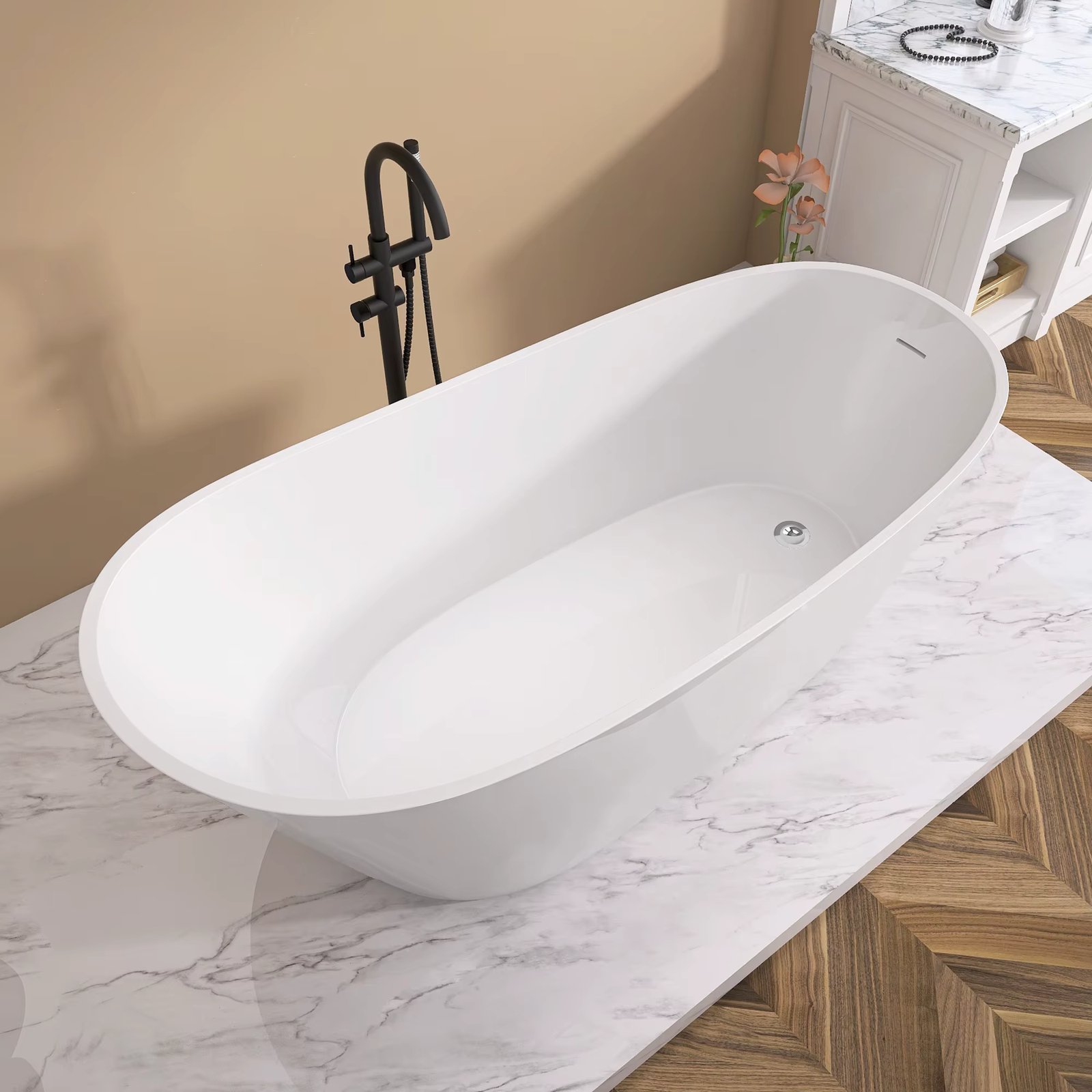 59" Acrylic Free Standing Tub - Classic Oval Shape Soaking Tub, Adjustable Freestanding Bathtub with Integrated Slotted Overflow
