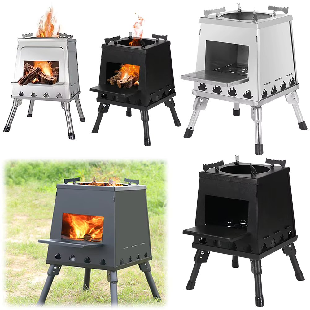 Stainless Steel Outdoor Camping Stove Portable Height Adjustable Folding Wood Stove Wood-Burning Stove Camping Fishing Hiking