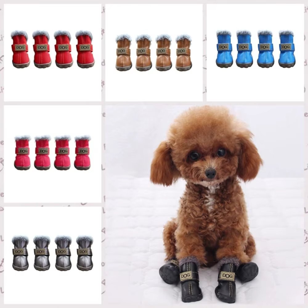 Warm Pet Snow Boots Fashion Waterproof Non Slip Winter Pet Dog Shoes Plush/PU Soft for 4Pcs/Set Winter