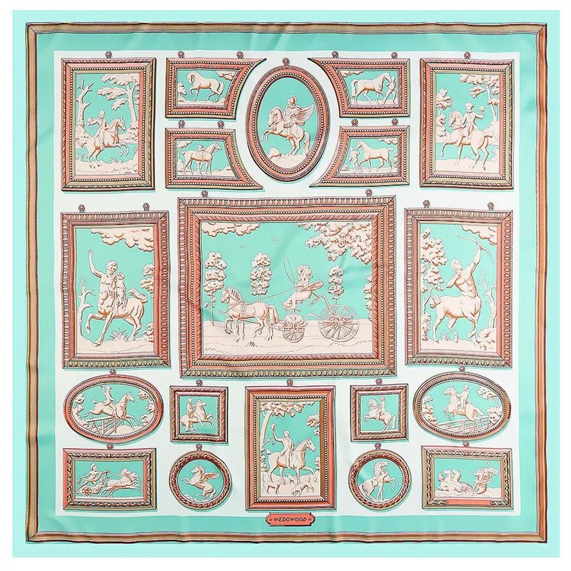 POBING 100% Twill Silk Scarf Women Horse Carriage Print Square Scarves Large Bandana Hijab Female Head Scarf Silk Foulards 130CM